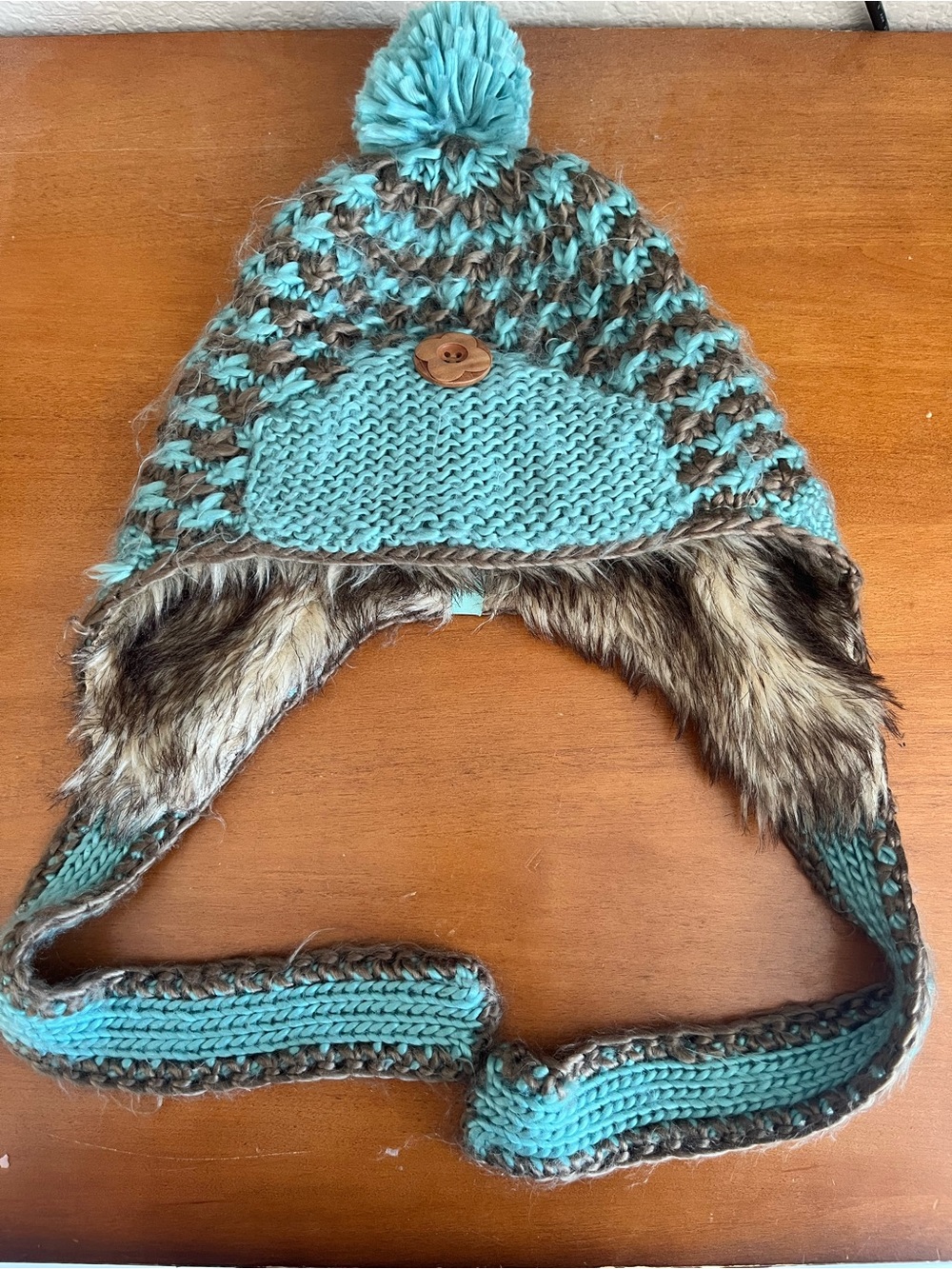 Pistil Women’s Aqua and Brown Knit Pom Pom Earflap Hat